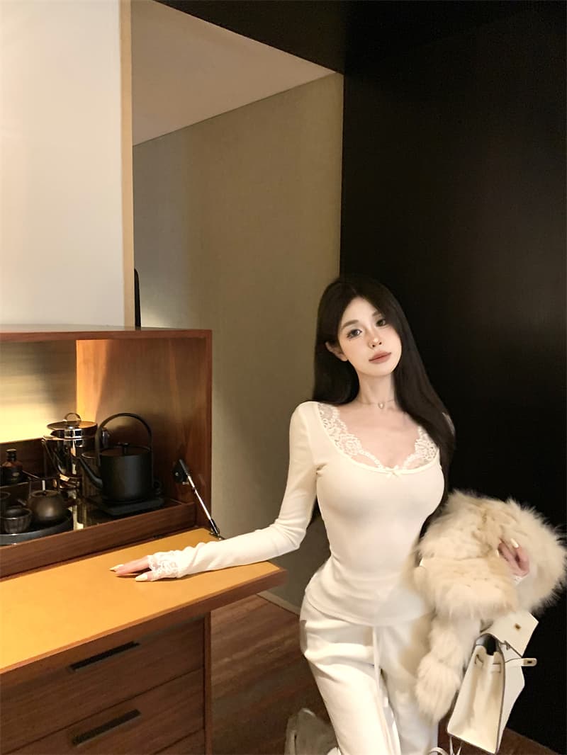 실사 정가 순수한 욕망 바람 우유 토끼 레이스 레이스 패치워크 티셔츠 몸매 가꾸기 슬림해 보이는 품격 이른 가을 chic 맨위 여성 상세 이미지 17