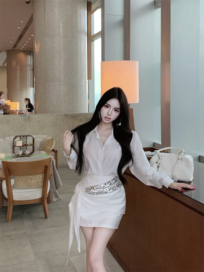 실사 정가 한 부서 품격 폴로 칼라 긴팔 셔츠 불규칙 스팽글 허리 인감 미니 스커트 패션 투피스 슈트 여성 이미지 3