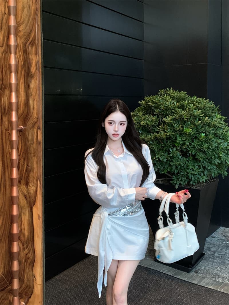 실사 정가 한 부서 품격 폴로 칼라 긴팔 셔츠 불규칙 스팽글 허리 인감 미니 스커트 패션 투피스 슈트 여성 상세 이미지 7