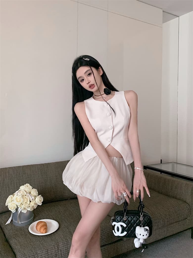 실사 정가 모 덴지 제인 언더 트임 작은 샤넬 스타일 베스트 조끼 Seersucker 꽃밭 치마 랜턴 반신 스커트 여성