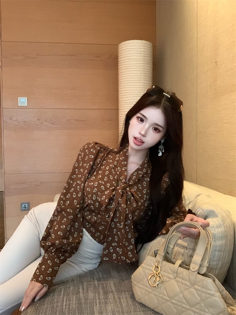 실사 정가 도트 무늬 캐슈 꽃 품격 리본 긴팔 여성 셔츠 다용도 도루 가을 센스 슬림해 보이는 맨위 상세 이미지 3