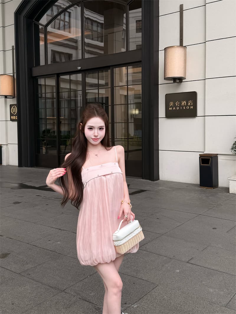 실사 정가 순수한 욕망 천 금빛 바람 슬립 꽃밭 치마 여성 여름 품격 달콤함 싸움 공단 드레스 이미지 4