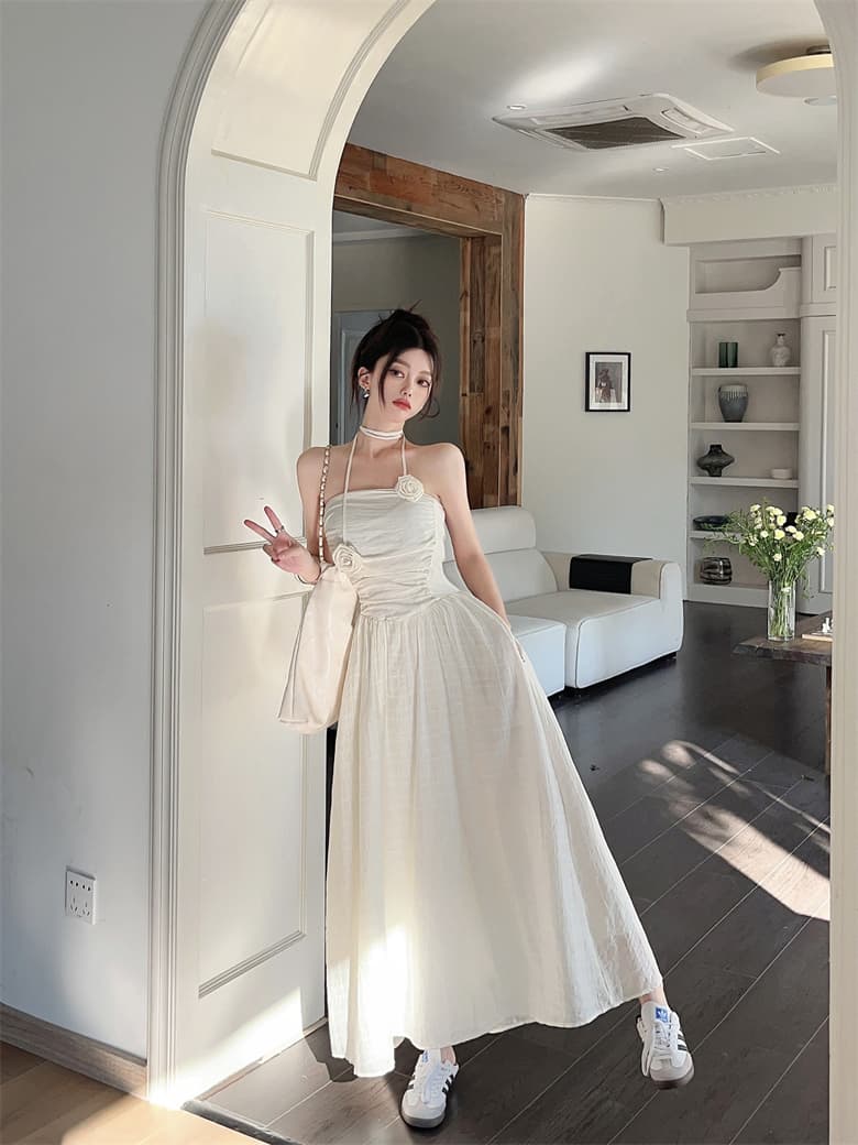 실사 정가 주름 슬립 드레스 A라인 스커트 여성 프랑스식 품격 허리 수축 몸매 가꾸기 슬림해 보이는 단색 길다 치마 상세 이미지 3