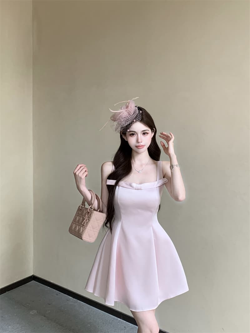 실사 정가 핑크색 새틴 허리 수축 슬립 드레스 Chic 예복 치마 명문 여성 바람 천 골드 센스 미니 스커트 상세 이미지 9