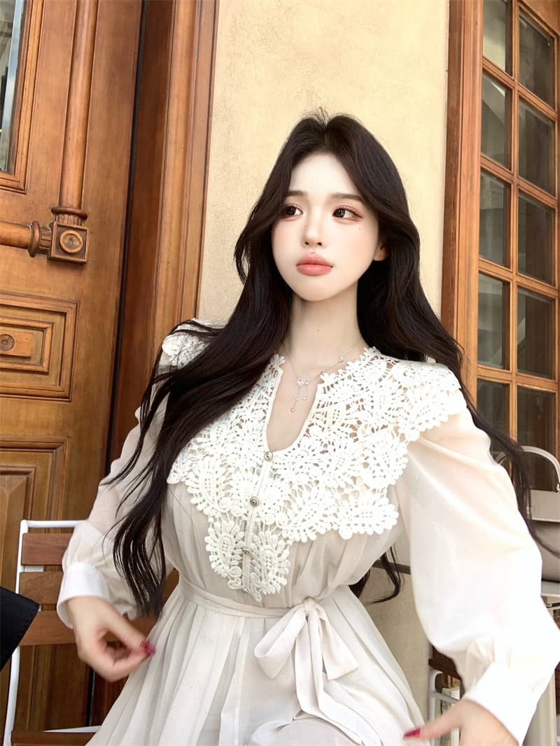 실사 정가 프랑스식 화이트 레이스 레이스 V넥 스팽글 쉬폰 드레스 허리 수축 벌룬 소매 미니 스커트 상세 이미지 12