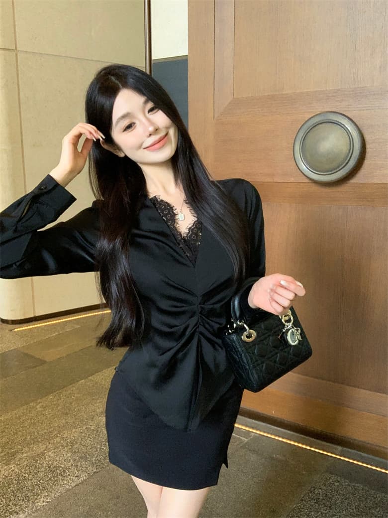 실사 정가 레이스 조각 V 넥 셔츠 맨위 불규칙 몸매 가꾸기 슬림해 보이는 주름 새틴 품격 여성 셔츠 상세 이미지 8
