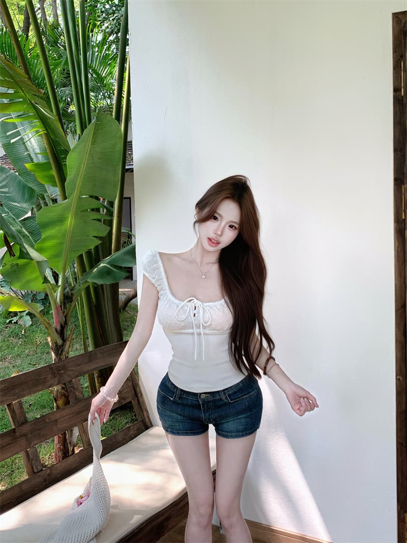 실사 정가 아메리칸 핫걸 몸매 가꾸기 디자인 센스 광장 칼라 반팔 티셔츠 여성 여름 쇼트 스타일 거품 소매 맨위 상세 이미지 4