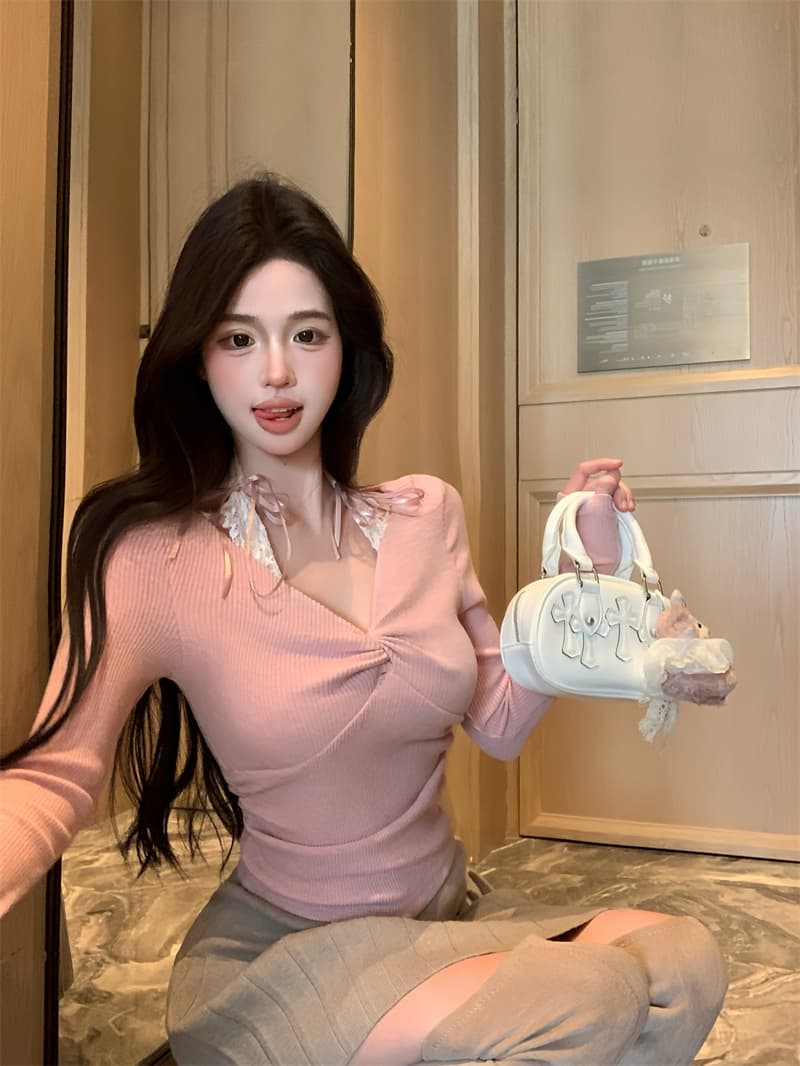 실사 정가 페이크 레이어드 레이스 조각 오프숄더 긴팔 티셔츠 순수한 욕망 바람 슬림해 보이는 몸매 가꾸기 인사이드 가져 가라. 만나는 맨위 이미지 4