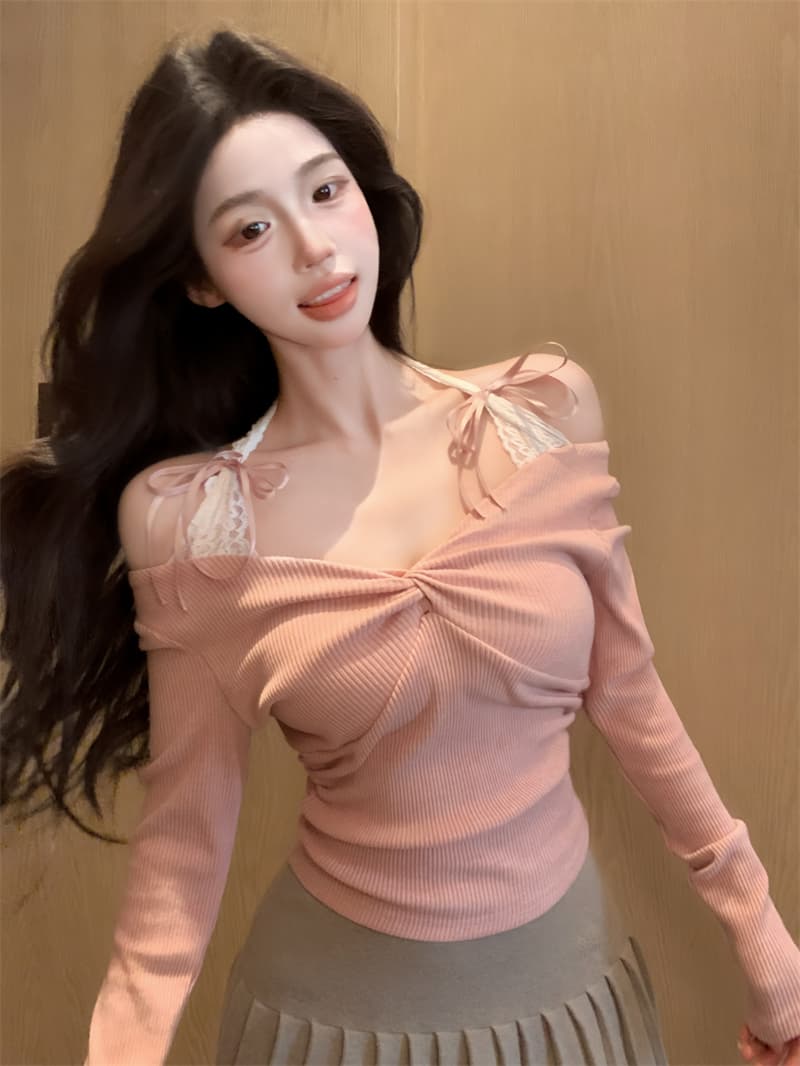 실사 정가 페이크 레이어드 레이스 조각 오프숄더 긴팔 티셔츠 순수한 욕망 바람 슬림해 보이는 몸매 가꾸기 인사이드 가져 가라. 만나는 맨위 상세 이미지 1