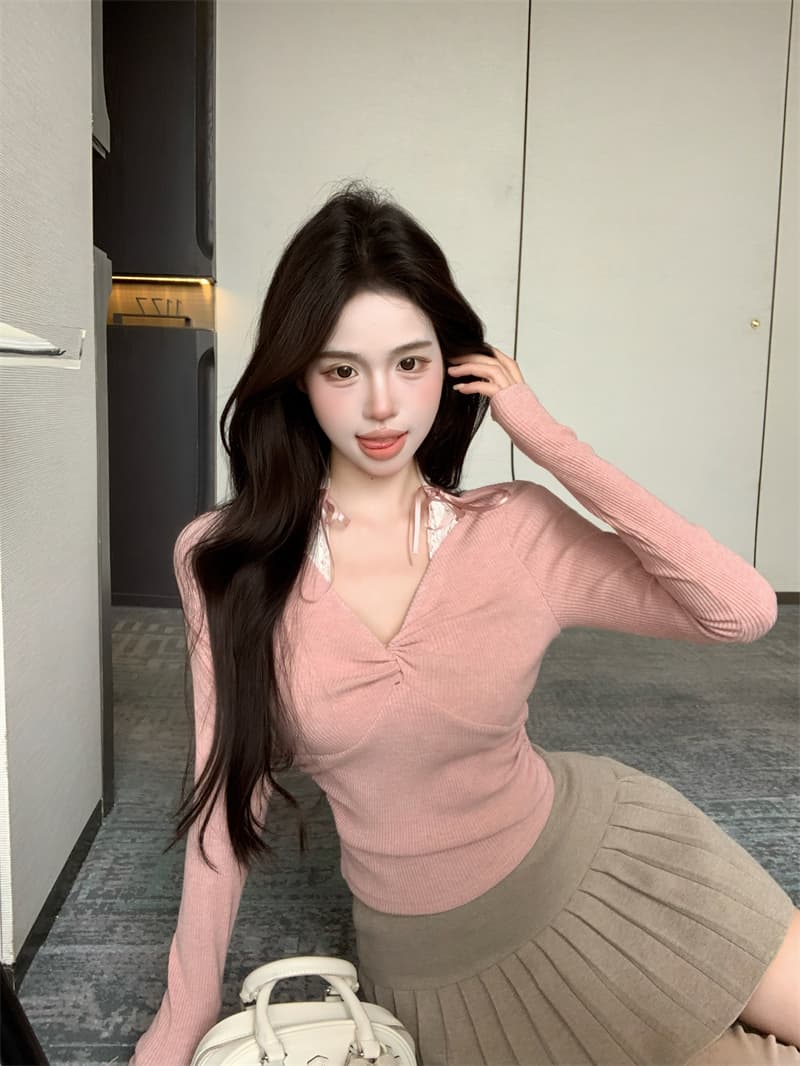 실사 정가 페이크 레이어드 레이스 조각 오프숄더 긴팔 티셔츠 순수한 욕망 바람 슬림해 보이는 몸매 가꾸기 인사이드 가져 가라. 만나는 맨위 상세 이미지 2