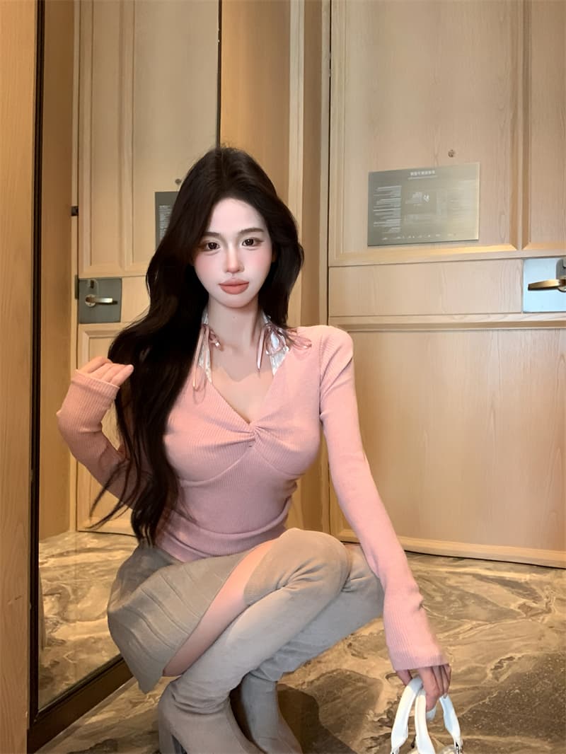 실사 정가 페이크 레이어드 레이스 조각 오프숄더 긴팔 티셔츠 순수한 욕망 바람 슬림해 보이는 몸매 가꾸기 인사이드 가져 가라. 만나는 맨위 상세 이미지 5