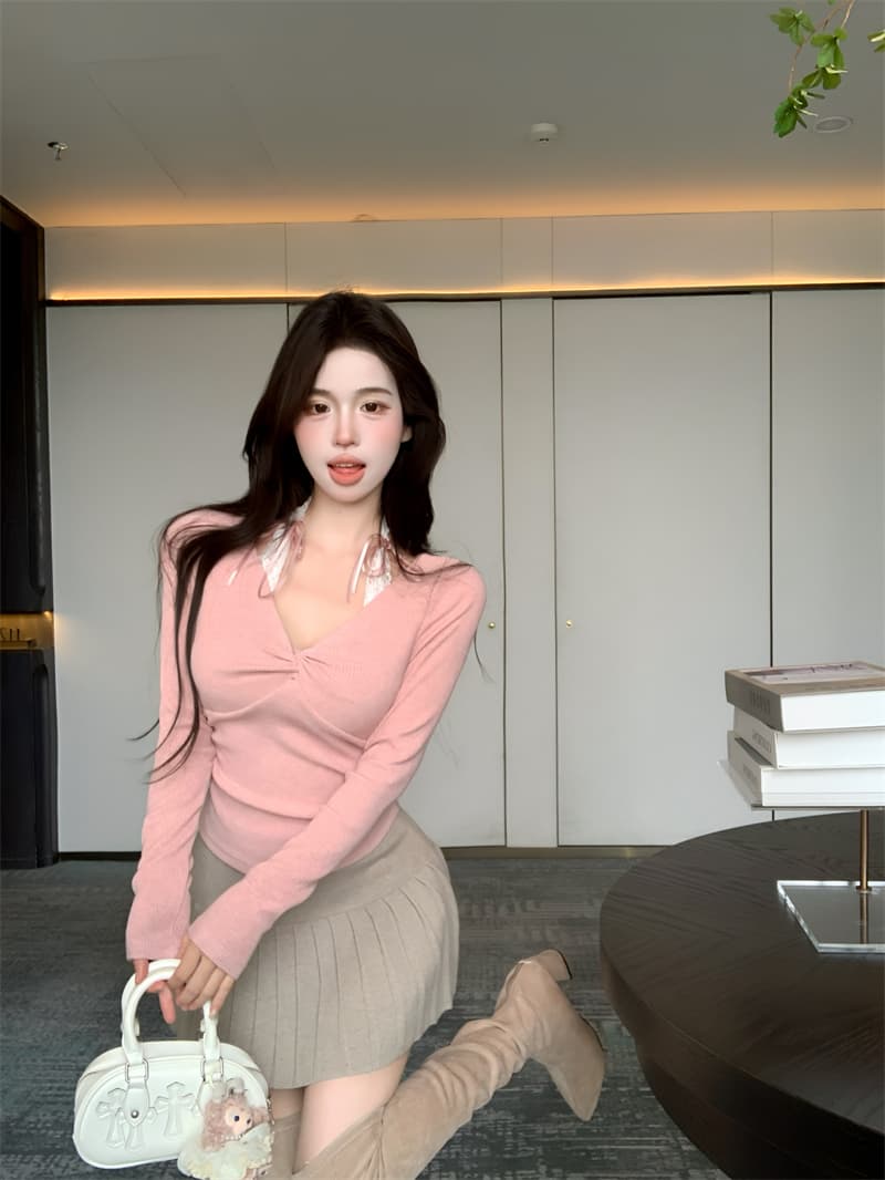 실사 정가 페이크 레이어드 레이스 조각 오프숄더 긴팔 티셔츠 순수한 욕망 바람 슬림해 보이는 몸매 가꾸기 인사이드 가져 가라. 만나는 맨위 상세 이미지 7