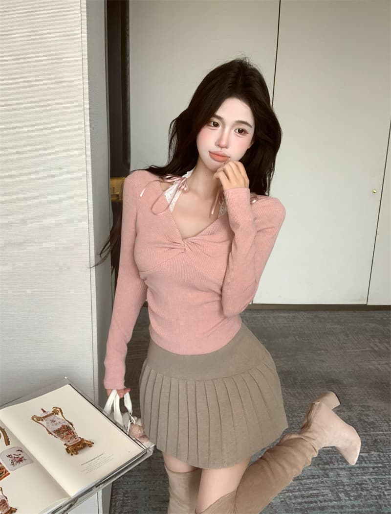실사 정가 페이크 레이어드 레이스 조각 오프숄더 긴팔 티셔츠 순수한 욕망 바람 슬림해 보이는 몸매 가꾸기 인사이드 가져 가라. 만나는 맨위 상세 이미지 8