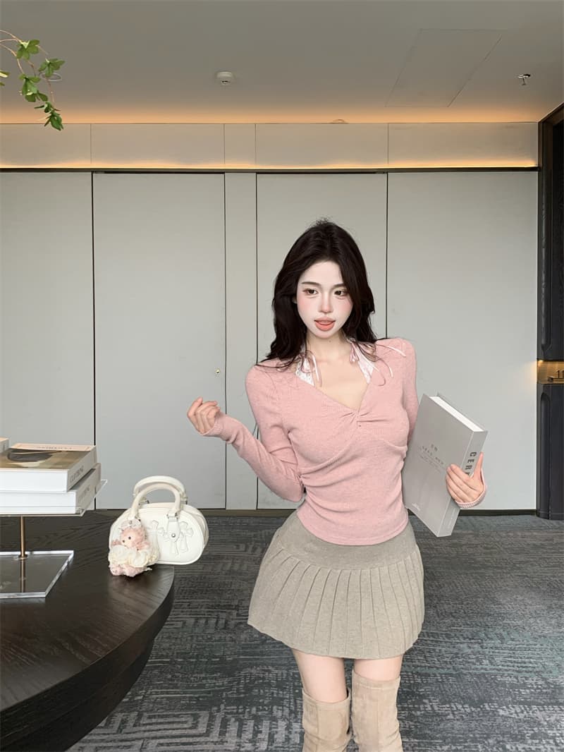 실사 정가 페이크 레이어드 레이스 조각 오프숄더 긴팔 티셔츠 순수한 욕망 바람 슬림해 보이는 몸매 가꾸기 인사이드 가져 가라. 만나는 맨위 상세 이미지 9