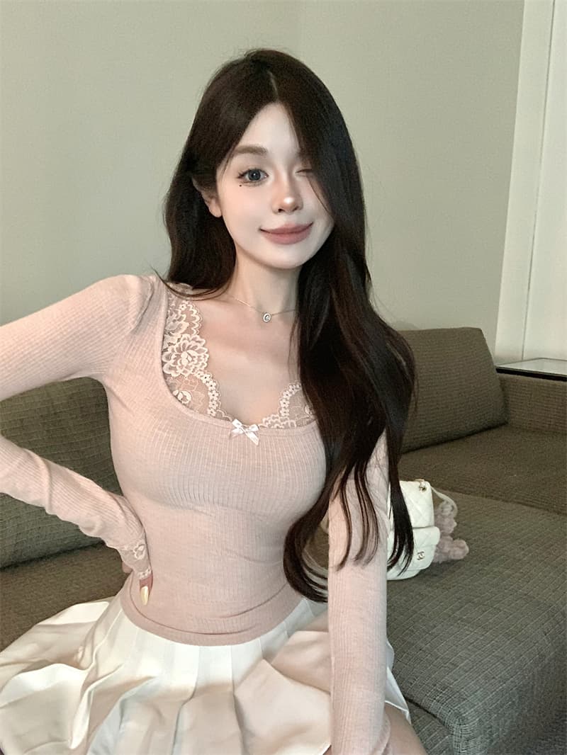 실사 정가 순수한 욕망 바람 우유 토끼 레이스 레이스 패치워크 티셔츠 몸매 가꾸기 슬림해 보이는 품격 chic 맨위 여성 이미지 2