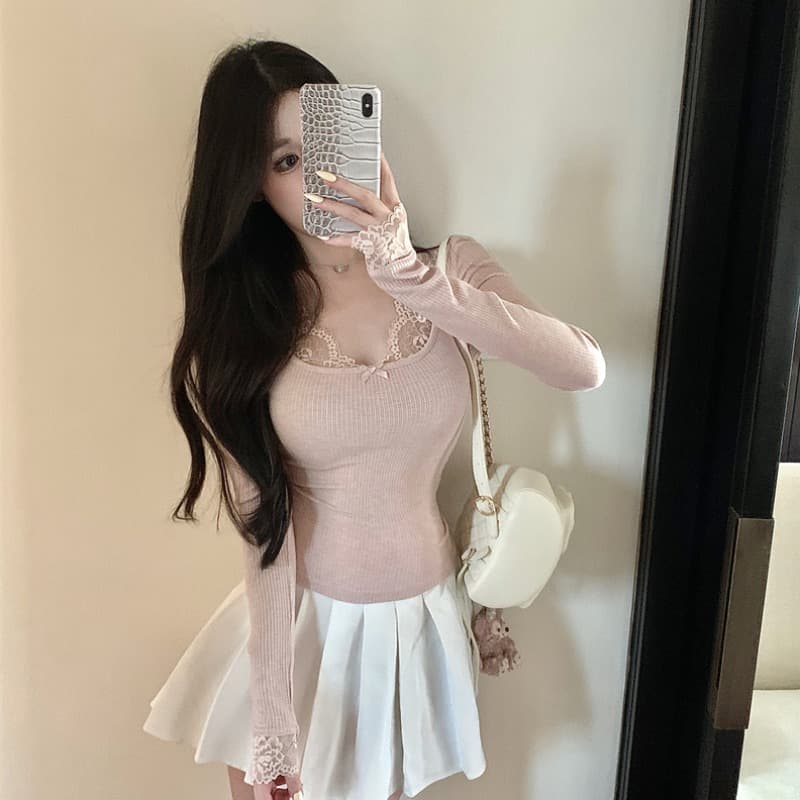 실사 정가 순수한 욕망 바람 우유 토끼 레이스 레이스 패치워크 티셔츠 몸매 가꾸기 슬림해 보이는 품격 chic 맨위 여성 이미지 5