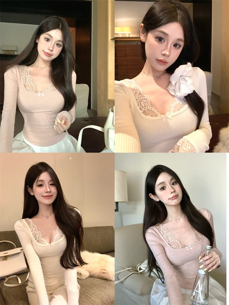 실사 정가 순수한 욕망 바람 우유 토끼 레이스 레이스 패치워크 티셔츠 몸매 가꾸기 슬림해 보이는 품격 chic 맨위 여성 상세 이미지 1