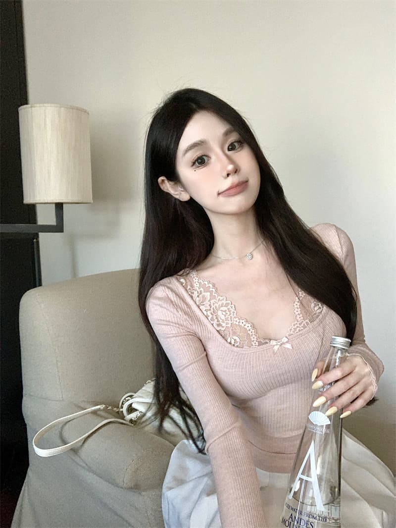 실사 정가 순수한 욕망 바람 우유 토끼 레이스 레이스 패치워크 티셔츠 몸매 가꾸기 슬림해 보이는 품격 chic 맨위 여성 상세 이미지 2