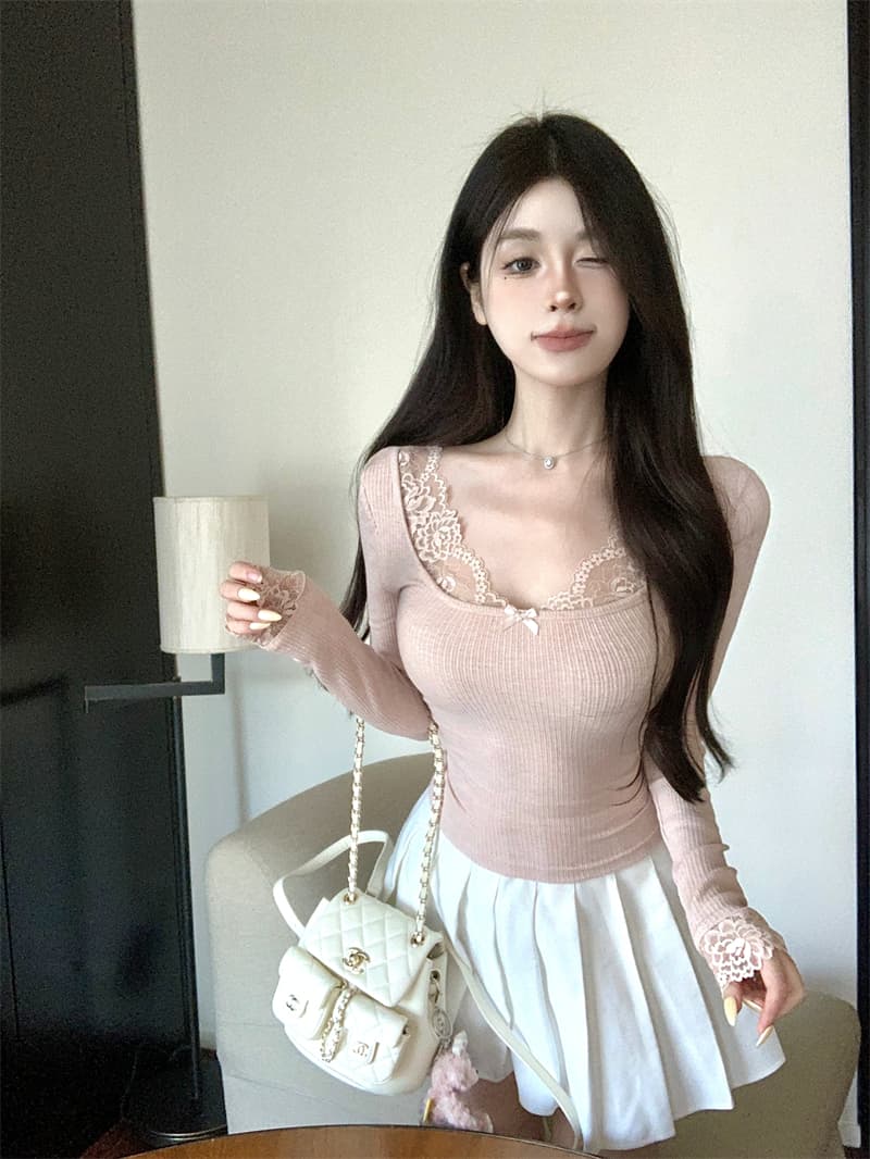 실사 정가 순수한 욕망 바람 우유 토끼 레이스 레이스 패치워크 티셔츠 몸매 가꾸기 슬림해 보이는 품격 chic 맨위 여성 상세 이미지 6