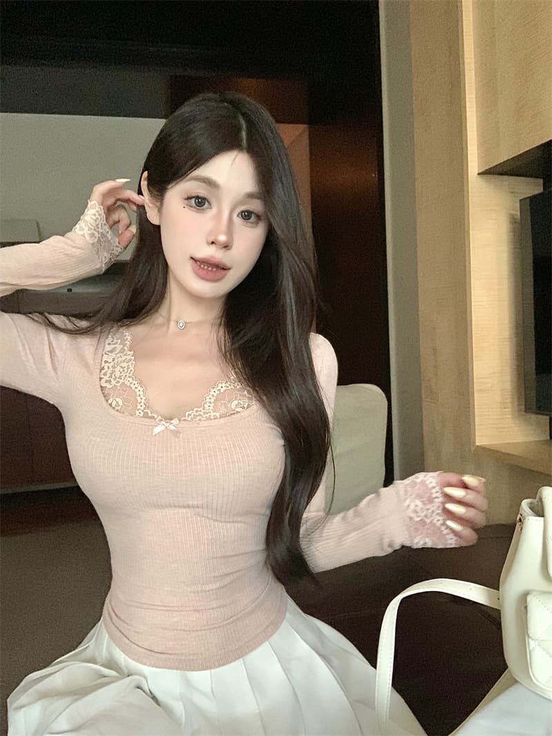 실사 정가 순수한 욕망 바람 우유 토끼 레이스 레이스 패치워크 티셔츠 몸매 가꾸기 슬림해 보이는 품격 chic 맨위 여성 상세 이미지 7