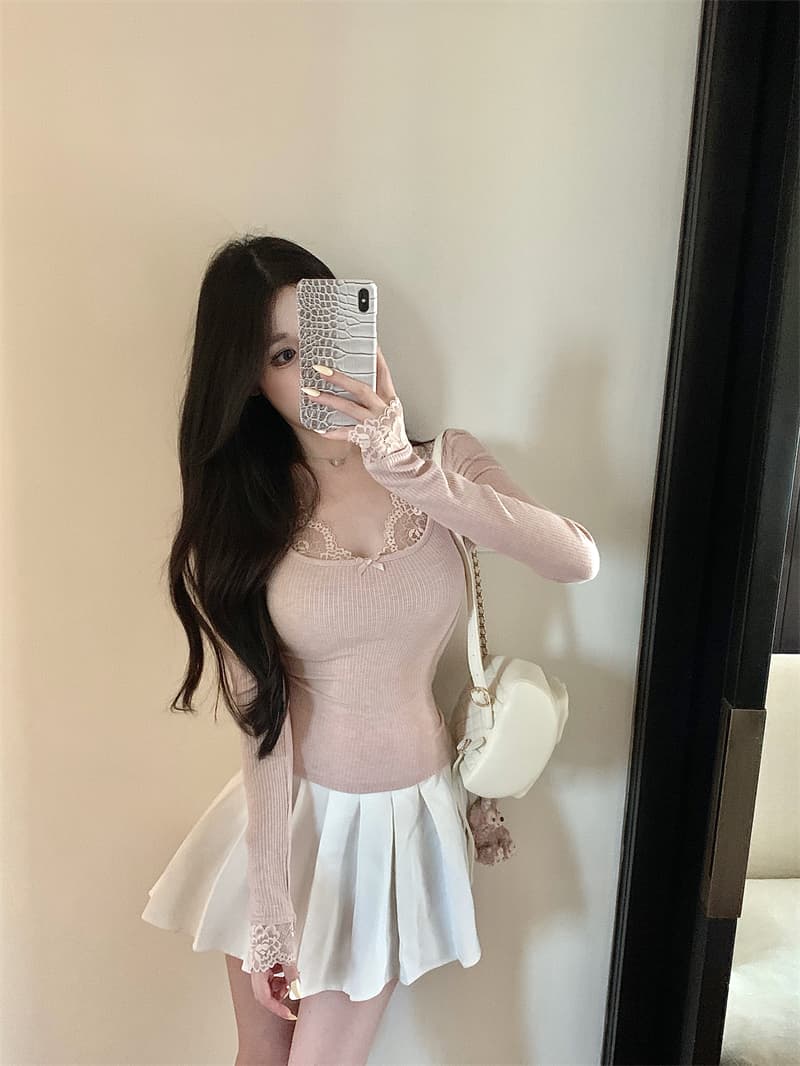 실사 정가 순수한 욕망 바람 우유 토끼 레이스 레이스 패치워크 티셔츠 몸매 가꾸기 슬림해 보이는 품격 chic 맨위 여성 상세 이미지 9