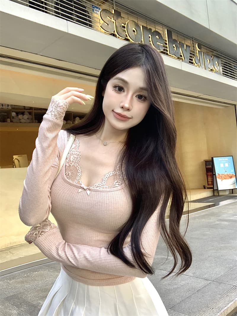 실사 정가 순수한 욕망 바람 우유 토끼 레이스 레이스 패치워크 티셔츠 몸매 가꾸기 슬림해 보이는 품격 chic 맨위 여성 상세 이미지 10