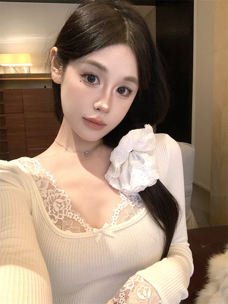 실사 정가 순수한 욕망 바람 우유 토끼 레이스 레이스 패치워크 티셔츠 몸매 가꾸기 슬림해 보이는 품격 chic 맨위 여성 상세 이미지 13