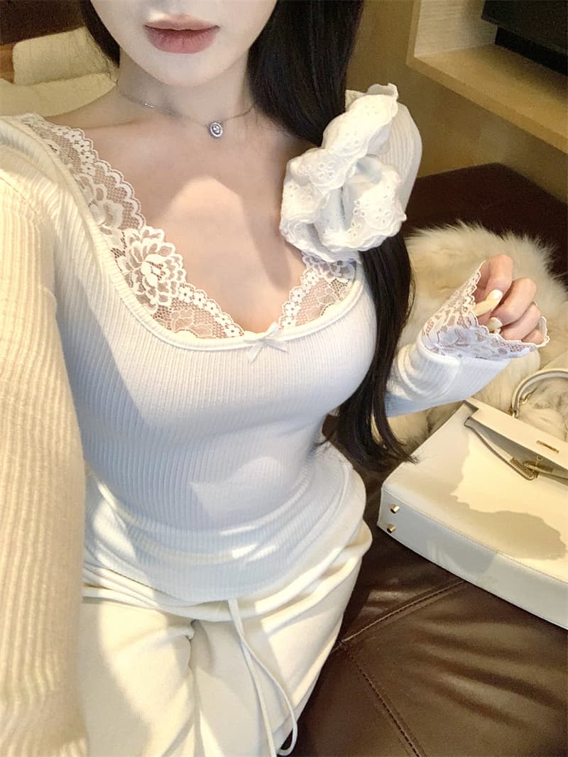 실사 정가 순수한 욕망 바람 우유 토끼 레이스 레이스 패치워크 티셔츠 몸매 가꾸기 슬림해 보이는 품격 chic 맨위 여성 상세 이미지 14