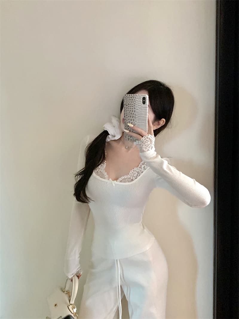 실사 정가 순수한 욕망 바람 우유 토끼 레이스 레이스 패치워크 티셔츠 몸매 가꾸기 슬림해 보이는 품격 chic 맨위 여성 상세 이미지 15