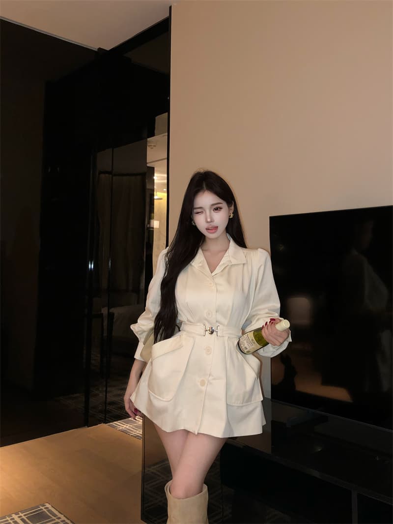 실사 정가 천 금빛 바람 화이트 재킷 재킷 여자 고급 센스 품격 허리 수축 맨위 벨트 포함 이미지 4