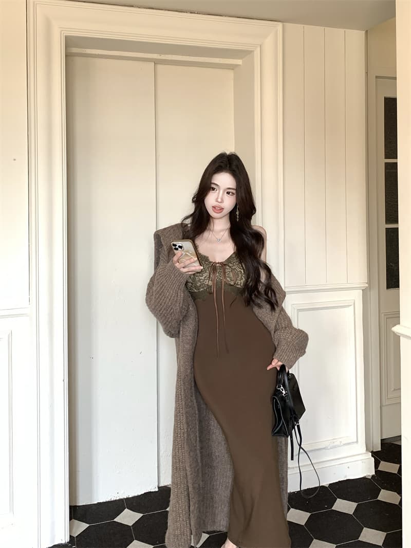 실사 정가 느슨함 센스 품격 자매 느긋한 바람 슬립 드레스 레이스 조각 허리 수축 타이트 스커트 아이들 상세 이미지 5
