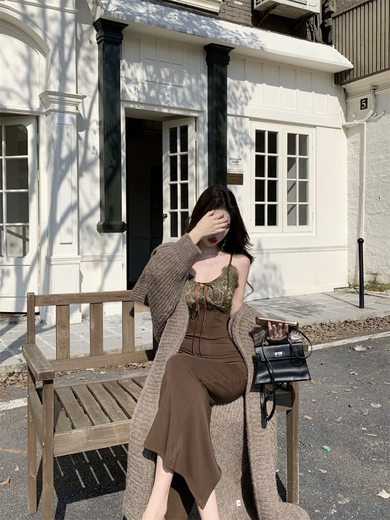실사 정가 느슨함 센스 품격 자매 느긋한 바람 슬립 드레스 레이스 조각 허리 수축 타이트 스커트 아이들 상세 이미지 9
