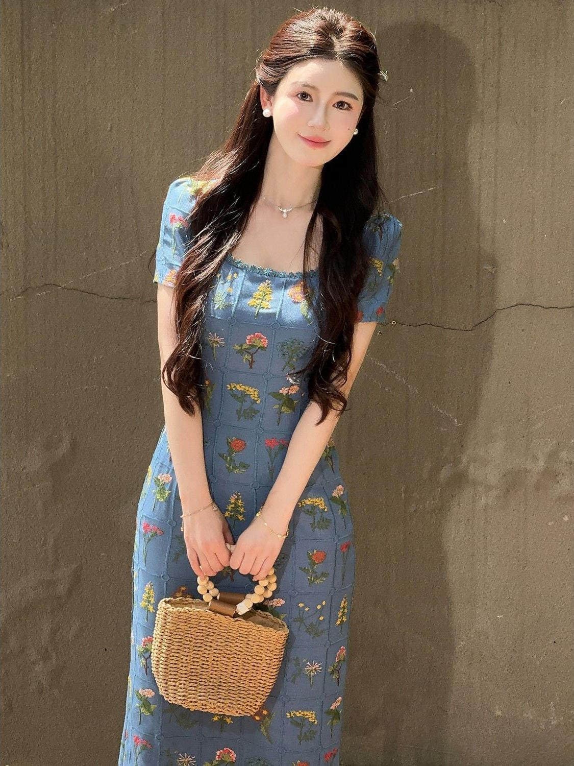 제 정신 롱 스커트 반 고흐 정원 스퀘어 입 칼라 체크무늬 프랑스식 디자인 센스 자수 꽃 데님 블루 드레스 이미지 2
