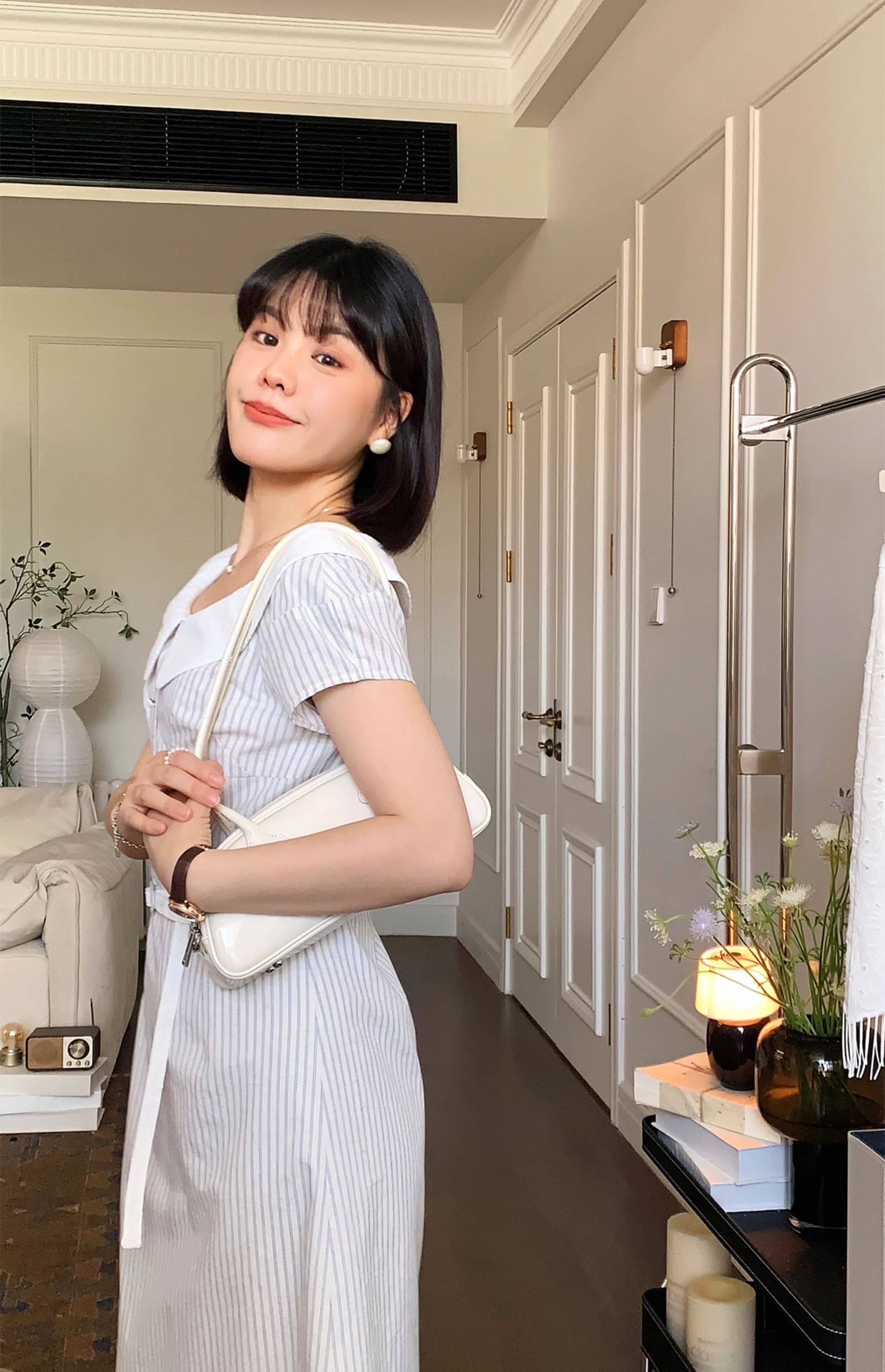 srk 프랑스식 베이비 칼라 스트라이프 드레스 허리 수축 슬림해 보이는 고급 패션 느긋한 다용도 한 마디 아마 롱 스커트 이미지 4