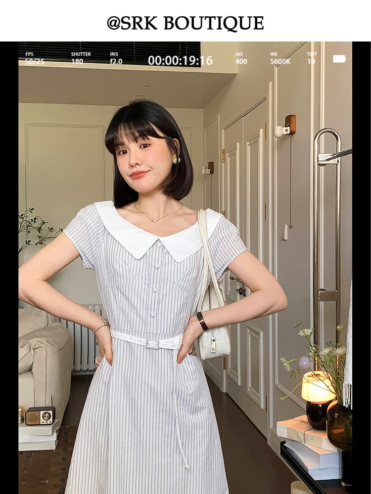 srk 프랑스식 베이비 칼라 스트라이프 드레스 허리 수축 슬림해 보이는 고급 패션 느긋한 다용도 한 마디 아마 롱 스커트 상세 이미지 6