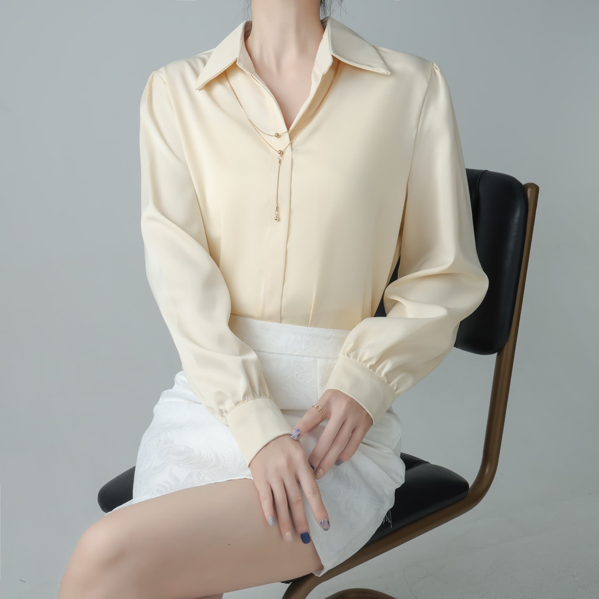 목걸이 뒤집다 V넥 아세트산 새틴 여성 셔츠 봄 가을 새로운 품격 경력 워크웨어 만나는 쉬폰 셔츠 맨위 상세 이미지 11