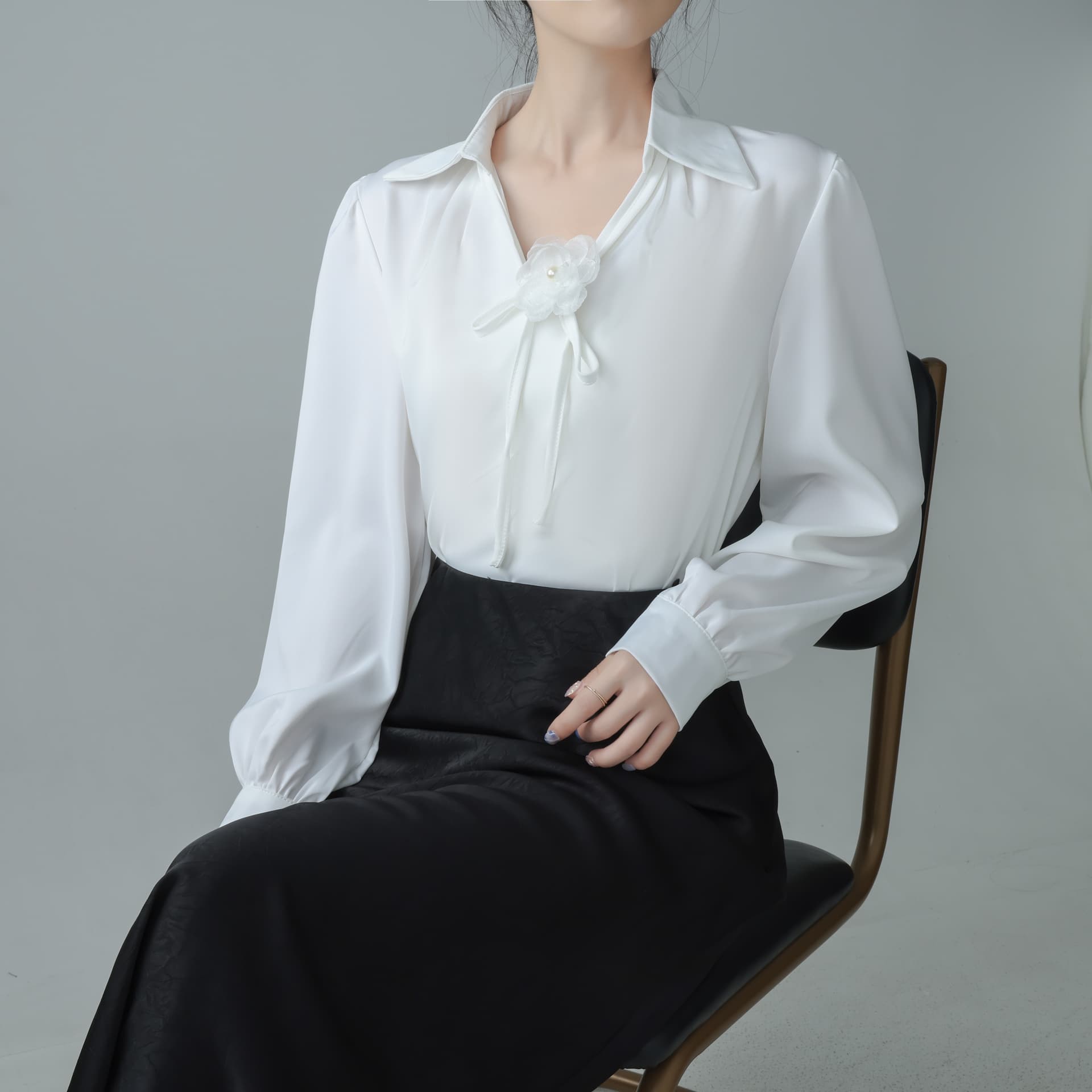 레이스업 꽃 뒤집다 V넥 아세트산 새틴 여성 셔츠 봄 가을 나비 매듭 긴팔 쉬폰 만나는 셔츠 맨위 상세 이미지 6