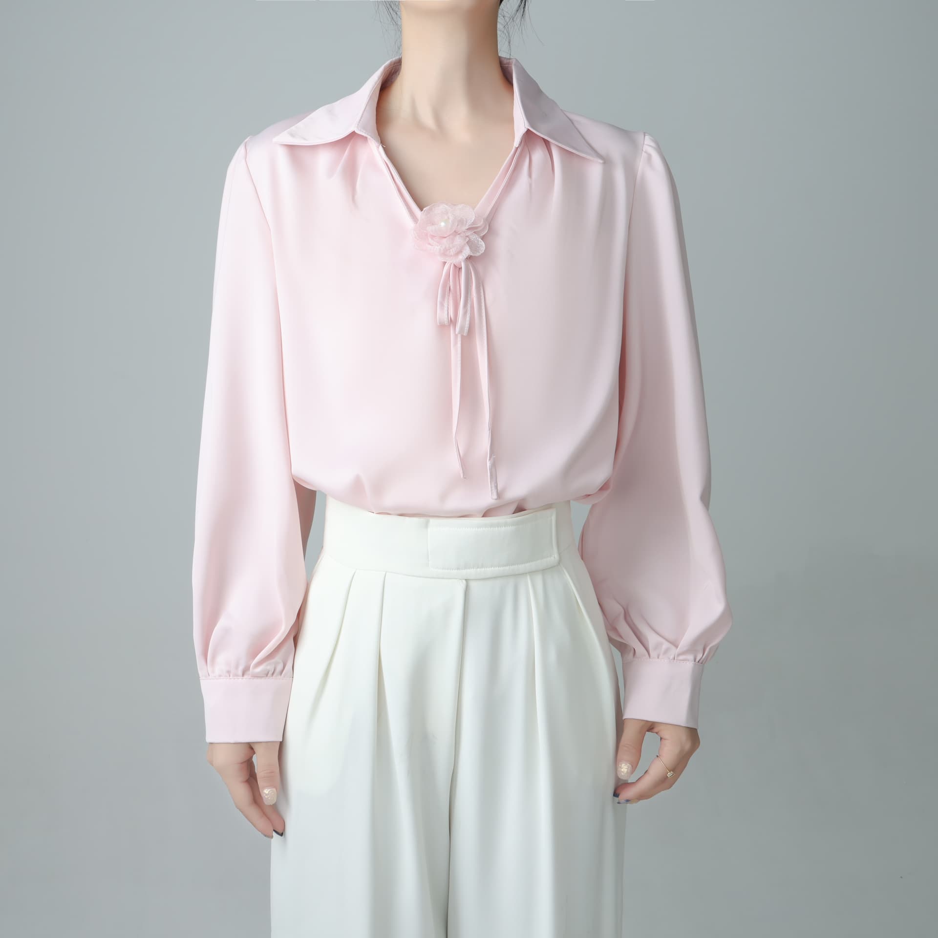 레이스업 꽃 뒤집다 V넥 아세트산 새틴 여성 셔츠 봄 가을 나비 매듭 긴팔 쉬폰 만나는 셔츠 맨위 상세 이미지 8