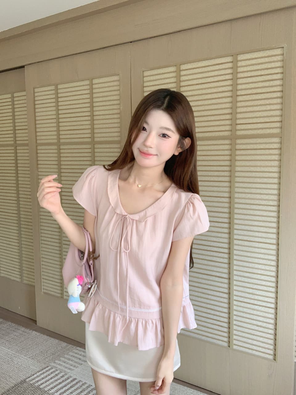 실사 베이비 칼라 핑크색 반팔 셔츠 맨위 몸매 가꾸기 타이트 스커트 반신 스커트 바지 이미지 3