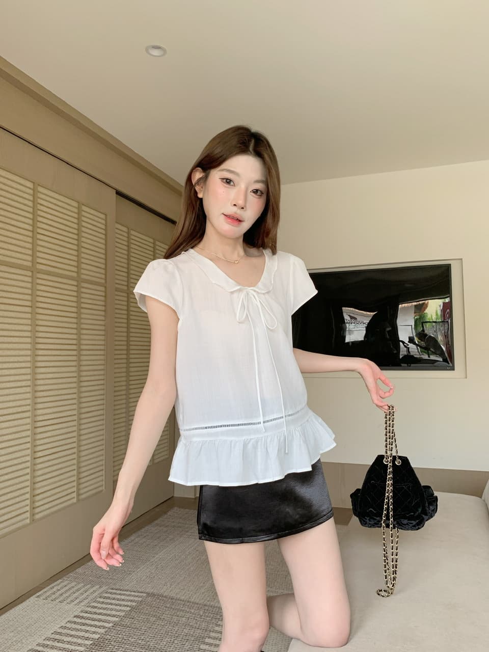 실사 베이비 칼라 핑크색 반팔 셔츠 맨위 몸매 가꾸기 타이트 스커트 반신 스커트 바지 상세 이미지 11