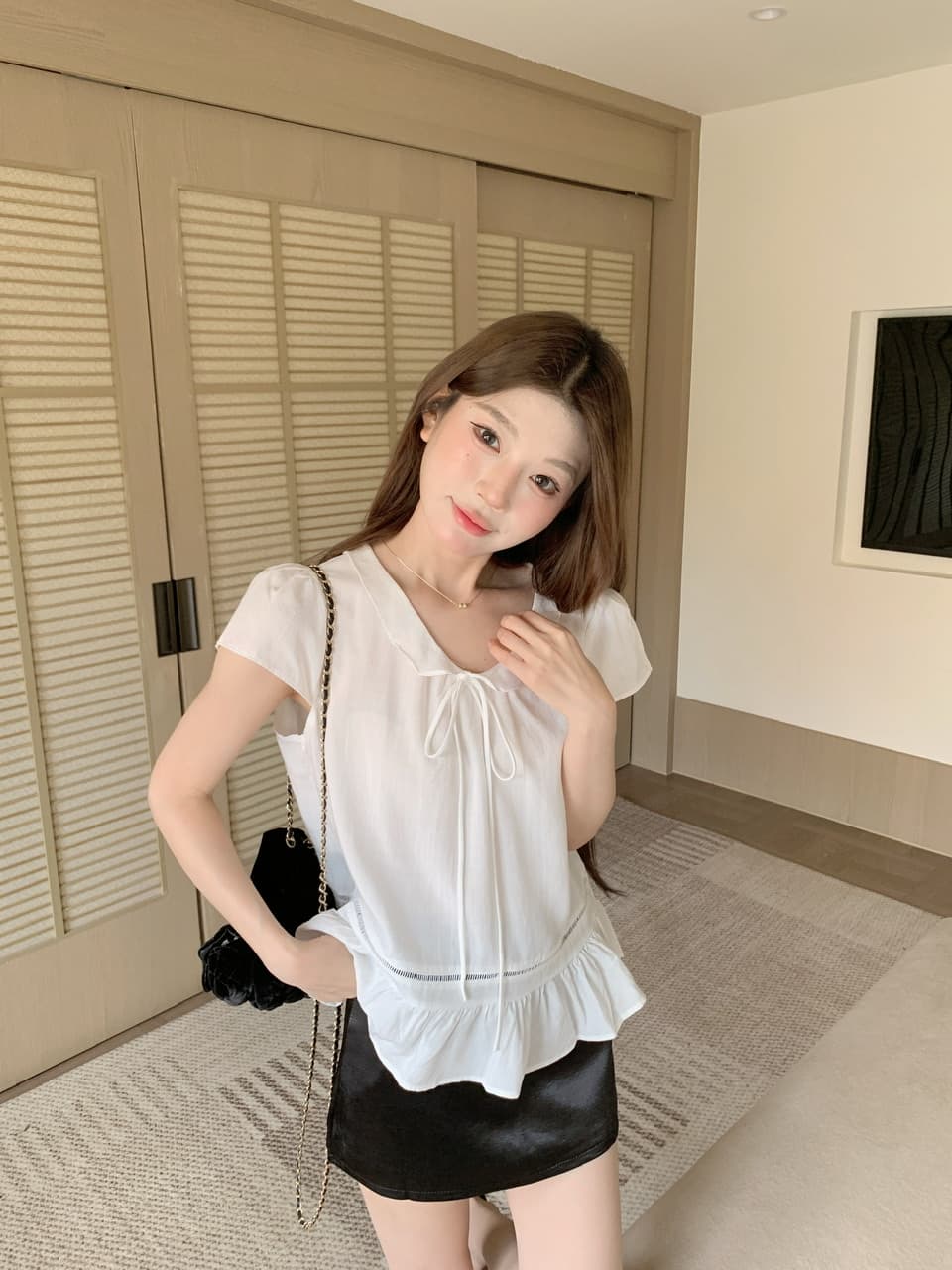 실사 베이비 칼라 핑크색 반팔 셔츠 맨위 몸매 가꾸기 타이트 스커트 반신 스커트 바지 상세 이미지 14