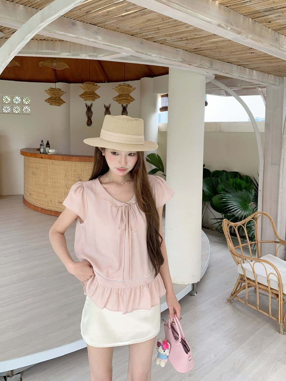 실사 베이비 칼라 핑크색 반팔 셔츠 맨위 몸매 가꾸기 타이트 스커트 반신 스커트 바지 상세 이미지 26