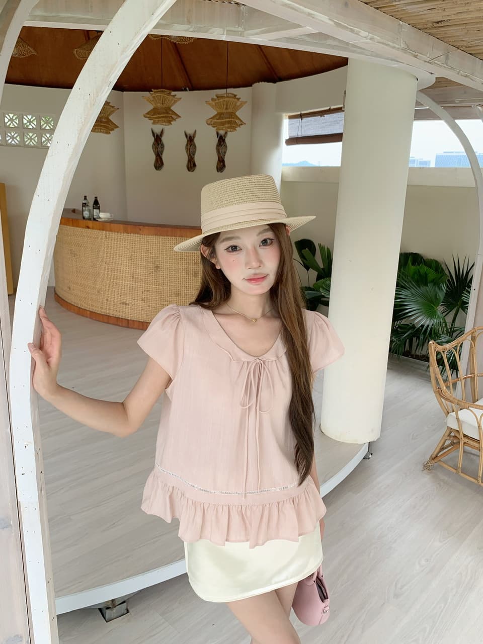 실사 베이비 칼라 핑크색 반팔 셔츠 맨위 몸매 가꾸기 타이트 스커트 반신 스커트 바지 상세 이미지 30