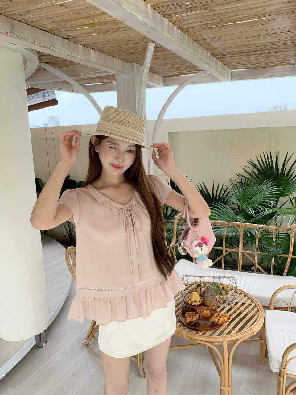 실사 베이비 칼라 핑크색 반팔 셔츠 맨위 몸매 가꾸기 타이트 스커트 반신 스커트 바지 상세 이미지 33