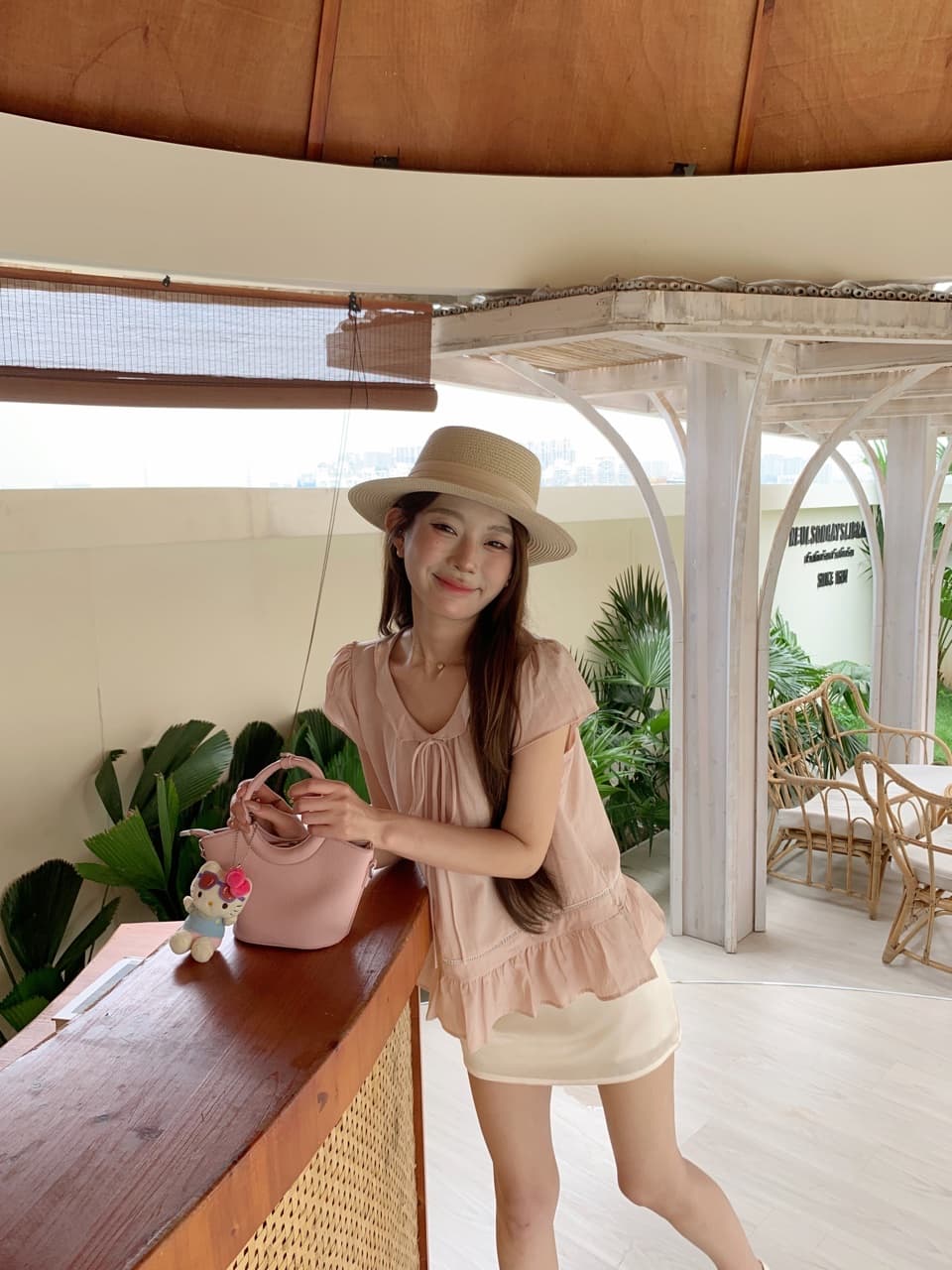 실사 베이비 칼라 핑크색 반팔 셔츠 맨위 몸매 가꾸기 타이트 스커트 반신 스커트 바지 상세 이미지 35