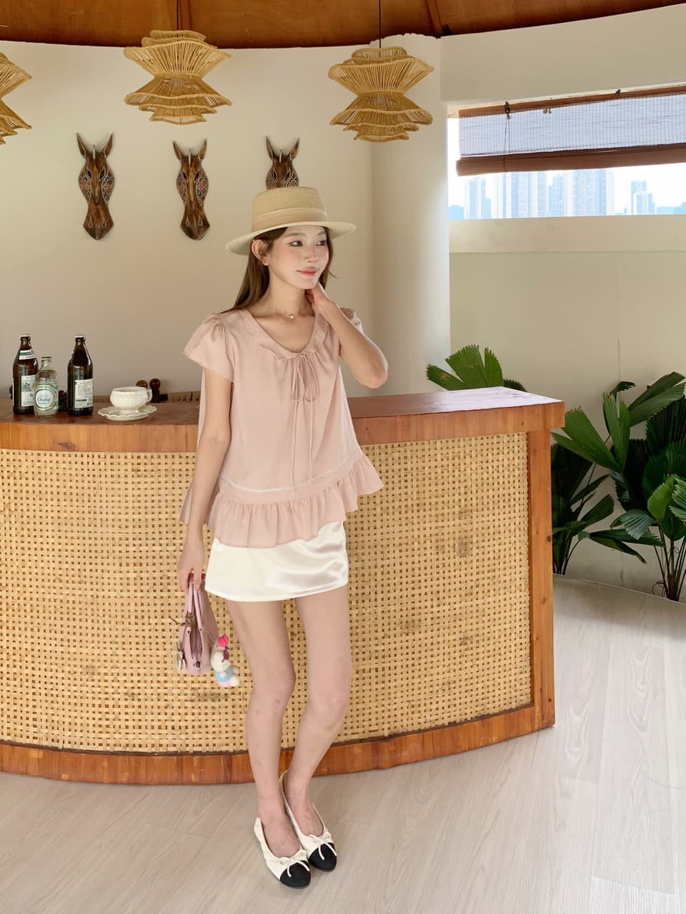 실사 베이비 칼라 핑크색 반팔 셔츠 맨위 몸매 가꾸기 타이트 스커트 반신 스커트 바지 상세 이미지 39