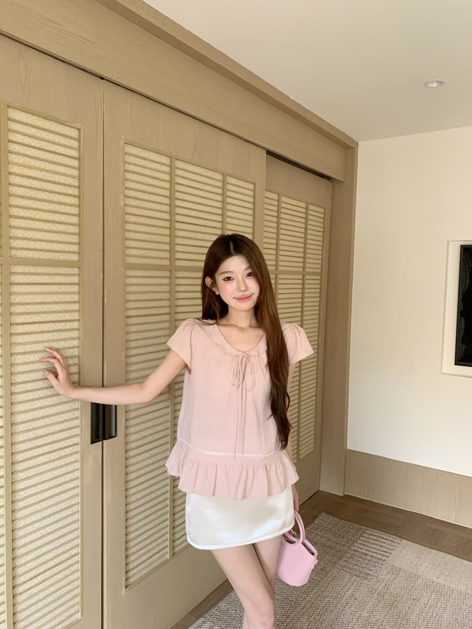 실사 베이비 칼라 핑크색 반팔 셔츠 맨위 몸매 가꾸기 타이트 스커트 반신 스커트 바지 상세 이미지 46