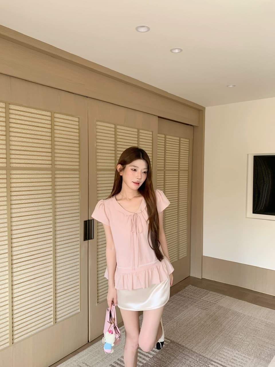 실사 베이비 칼라 핑크색 반팔 셔츠 맨위 몸매 가꾸기 타이트 스커트 반신 스커트 바지 상세 이미지 51