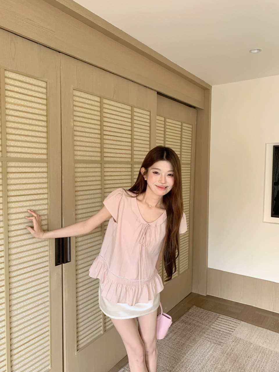 실사 베이비 칼라 핑크색 반팔 셔츠 맨위 몸매 가꾸기 타이트 스커트 반신 스커트 바지 상세 이미지 52