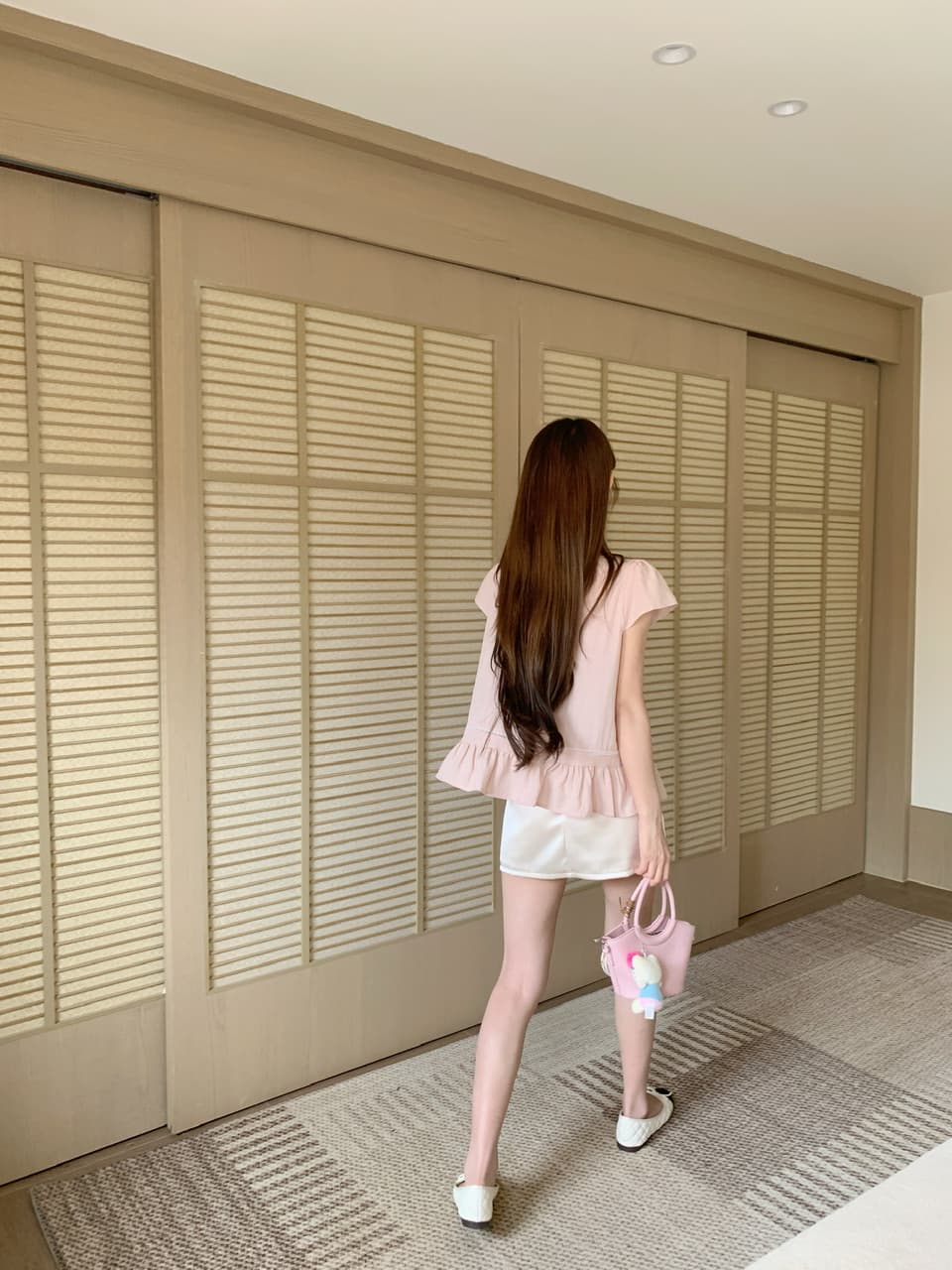 실사 베이비 칼라 핑크색 반팔 셔츠 맨위 몸매 가꾸기 타이트 스커트 반신 스커트 바지 상세 이미지 55